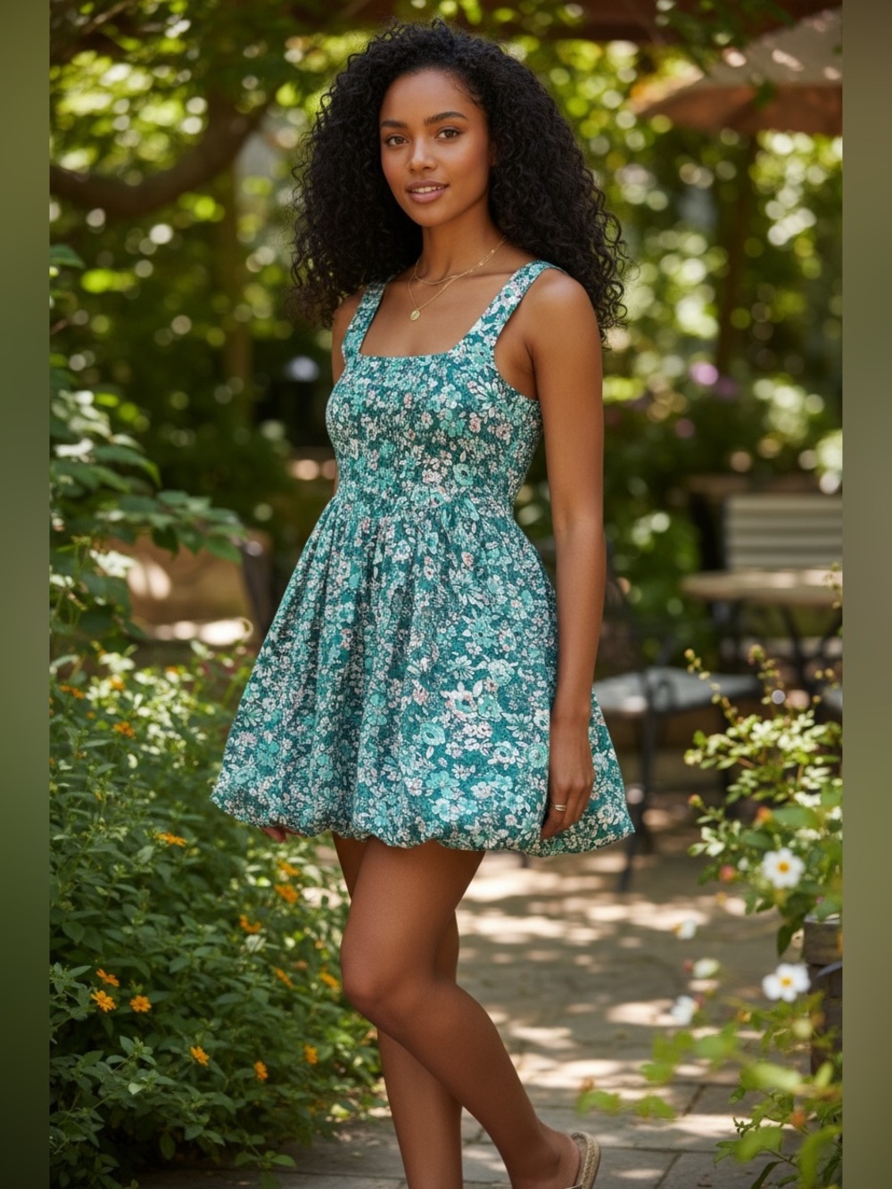 Floral Square-Neck Mini Puff Dress in Teal